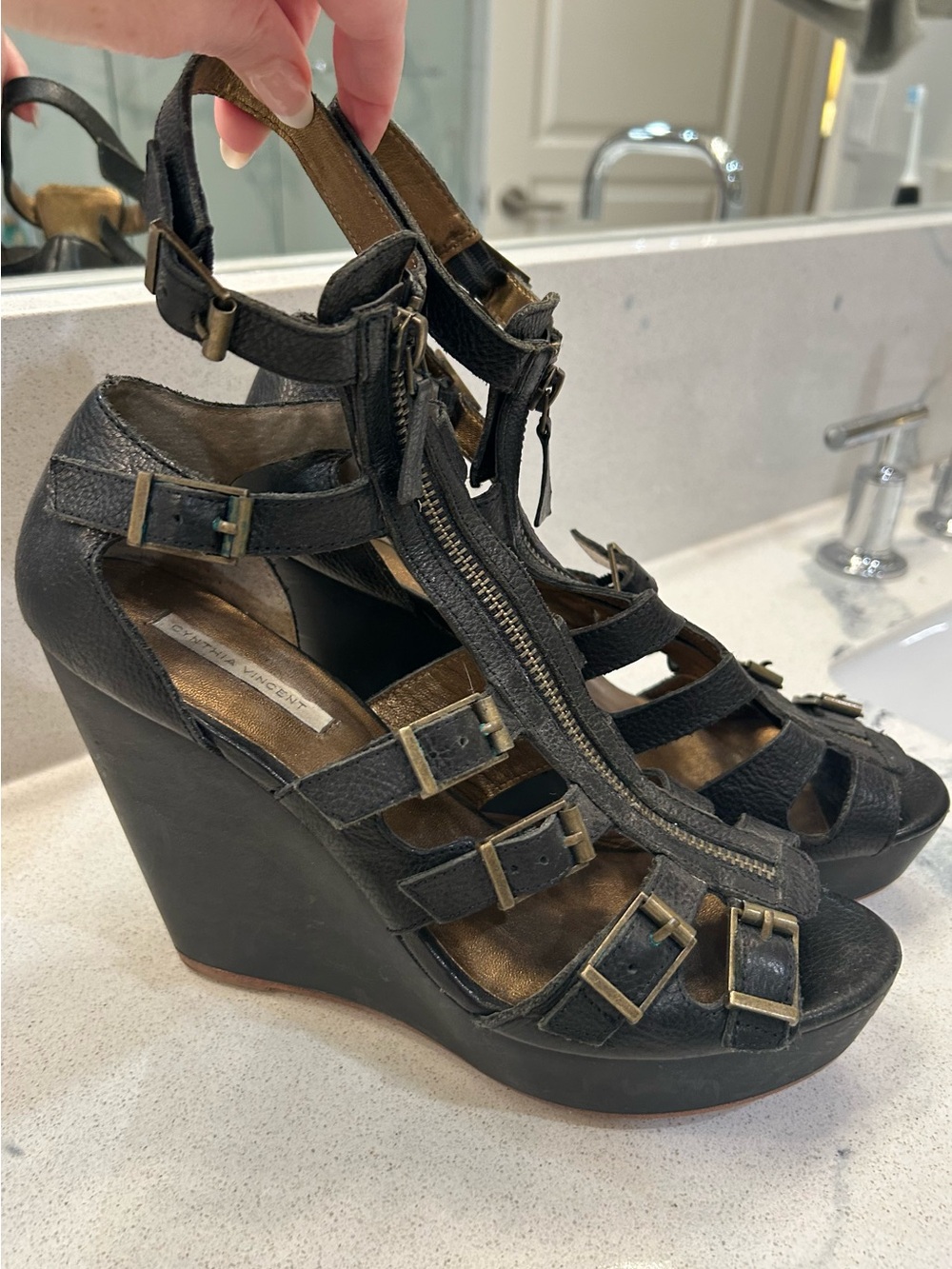 The Cynthia Vincent Jagger Leather Gladiator Wedge - Picture 2 of 5